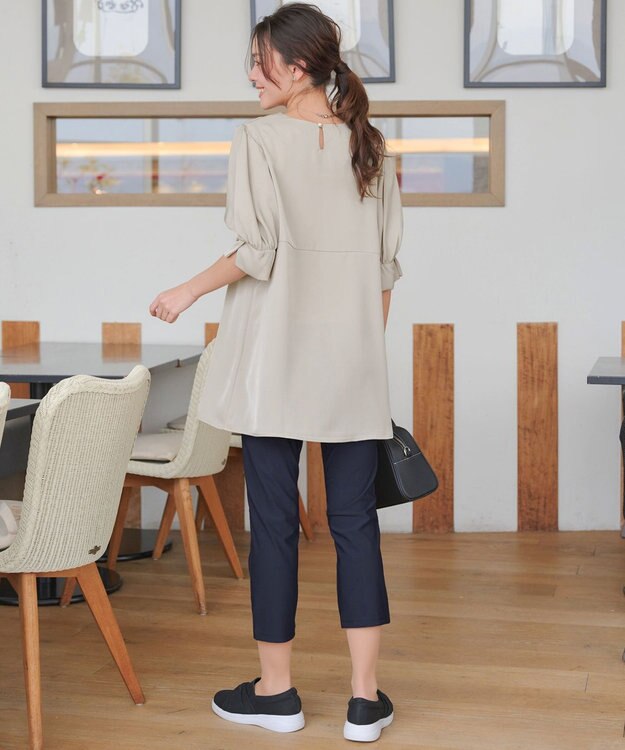 Tiaclasse L 【洗える】パフスリーブ切替フレアチュニック グレージュ