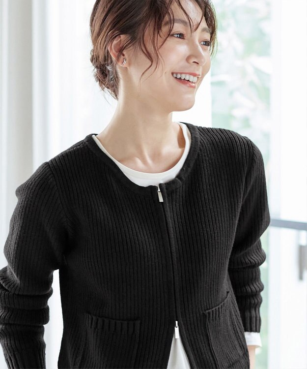 Tiaclasse L 【洗える】ダブルジップリブ編みカーディガン ブラック