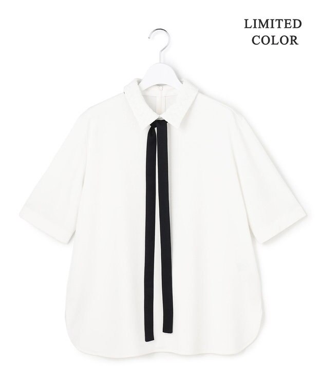 ICB 【先行予約・WEB限定カラーあり】マラボーテライトジョーゼット 半袖ボウタイ付きシャツカラートップス オフホワイト×レース襟［WEB限定］