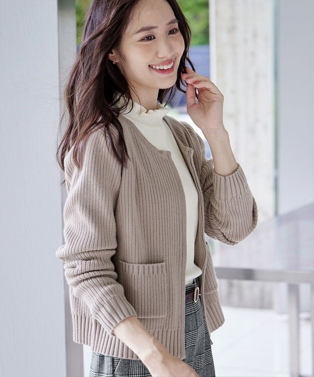 Tiaclasse L 【洗える】ダブルジップリブ編みカーディガン グレージュ