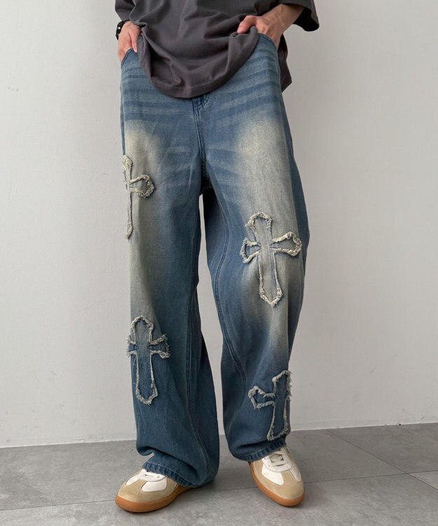 WEGO クロスモチーフオーバーダイバギーパンツ ブルー