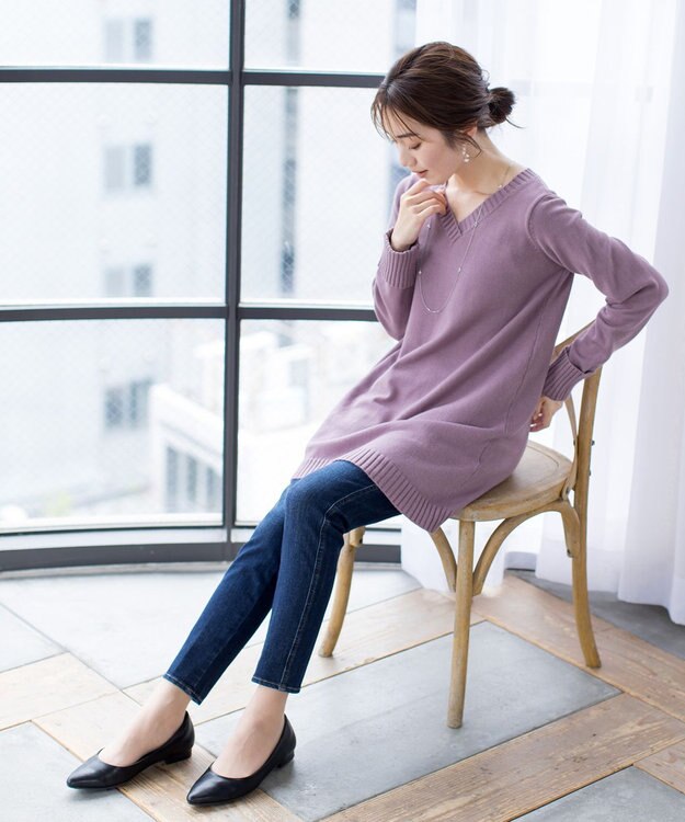 Tiaclasse 【洗える】Vネックリブニットチュニック パープル