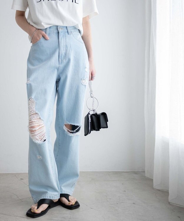 WEGO ヘビークラッシュローライズパンツ デニム淡色