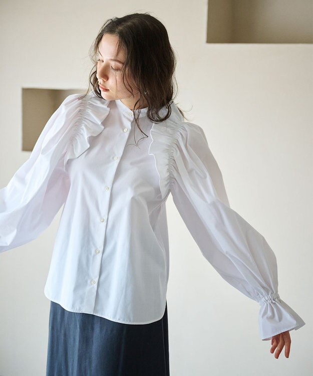 #Newans 【洗濯機可能/シワになりにくい】〈春名亜美さんコラボ〉ショルダーフリルブラウス ホワイト