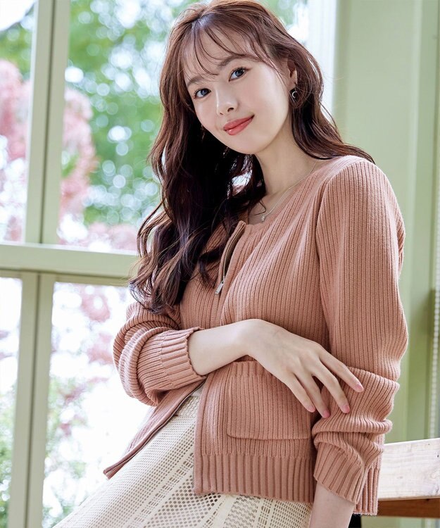 Tiaclasse L 【洗える】ダブルジップリブ編みカーディガン ピンク