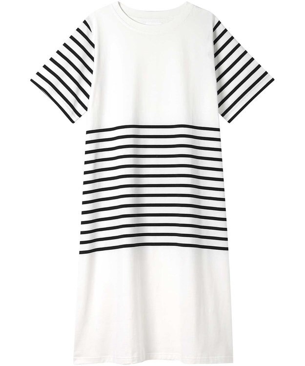 une nana cool 【綿100％】60ハイゲージ天竺パネルボーダー半袖ワンピース WH