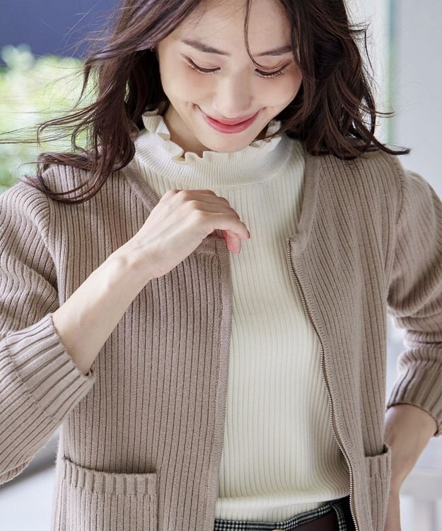 Tiaclasse L 【洗える】ダブルジップリブ編みカーディガン グレージュ