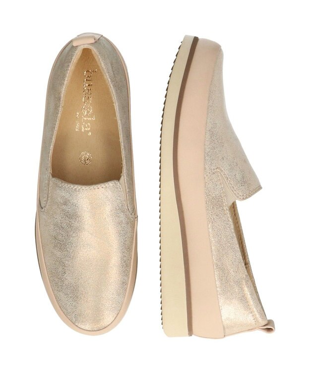 INTER-CHAUSSURES ＜衝撃軽減・防カビ抗菌＞【BUSSOLA】撥水レザースリッポンスニーカー ゴールド