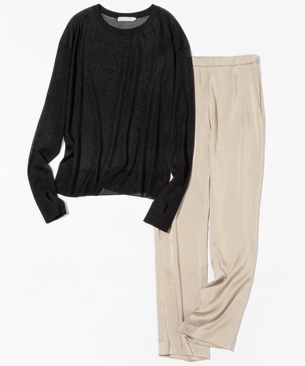 ICB 【MAG×スタイリストコラボ】シャイニーシアーニット×サテンストレートパンツ ブラックニット×ベージュパンツ