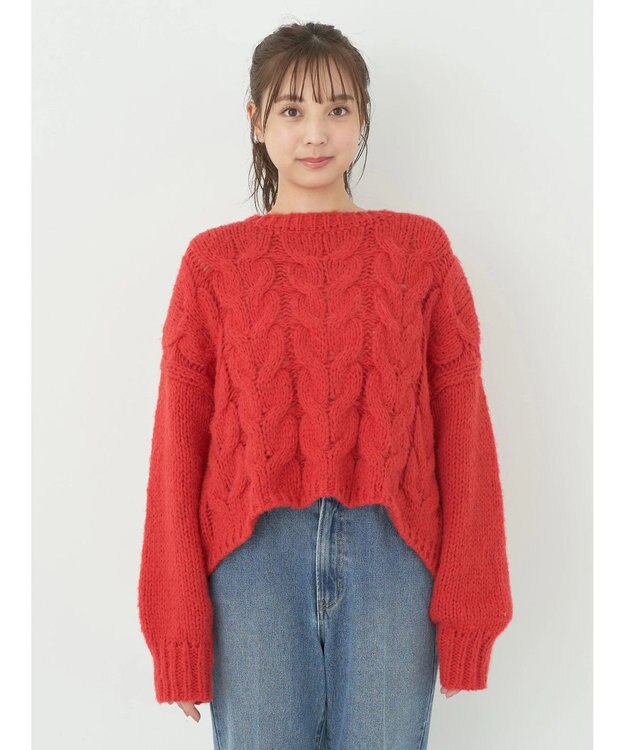 earth music&ecology ローゲージ手編み風ケーブルプルオーバー Red