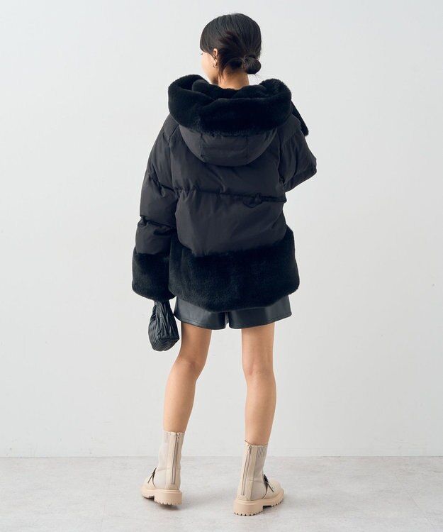 earth music&ecology フードファー中綿ショートコート ブラック