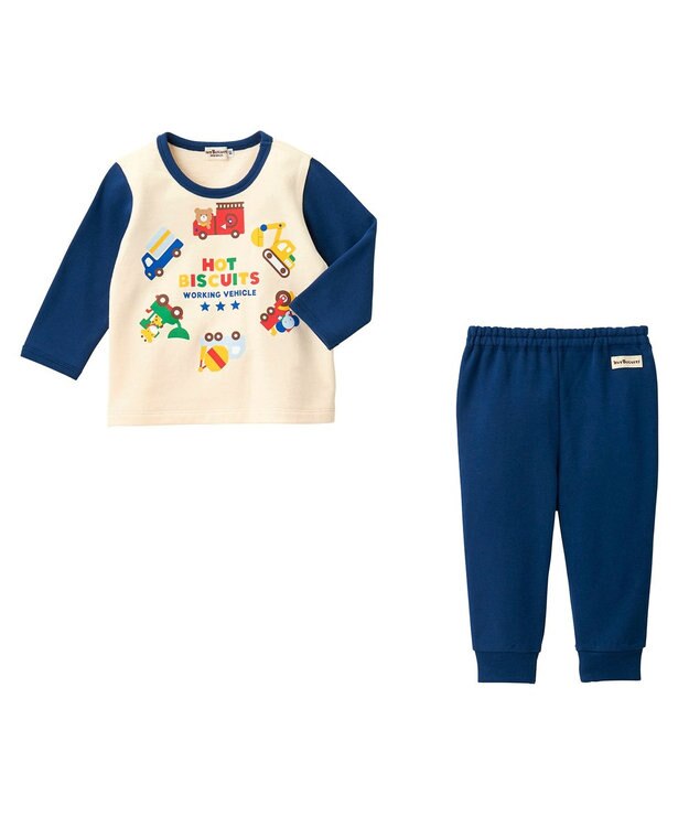 MIKI HOUSE HOT BISCUITS 【80-120cm】 働く車 ミニ裏毛 ルームウェア上下セット 紺