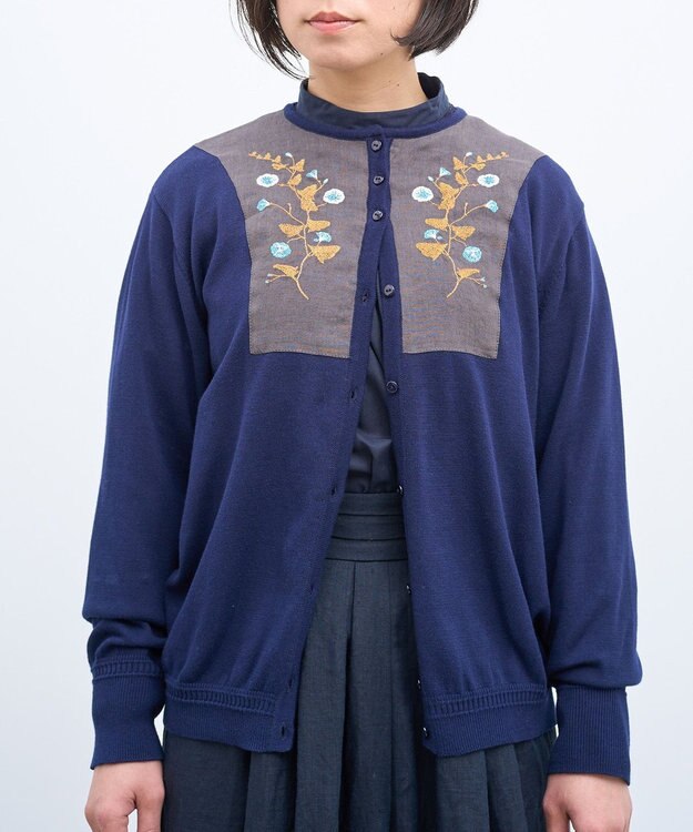 muuc 〈高品質スーピマ超長綿100%〉ヒルガオ刺繍 コットンカーディガン ネイビー