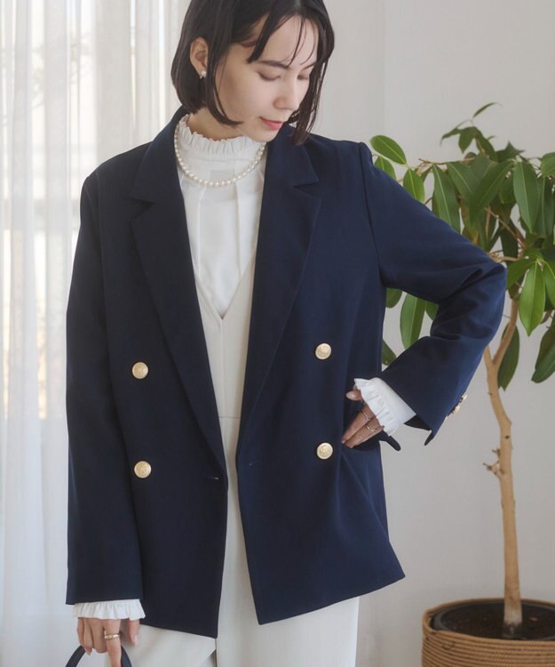 WEGO 【ANGIE VINTAGE/S/Mサイズ展開 / オケージョン対応 / セレモニー対応】ゴールドボタン テーラードジャケット / 金ボタン ダブル ブレザー ネイビー