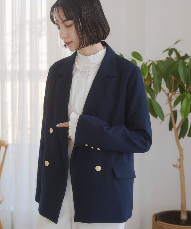 WEGO 【ANGIE VINTAGE/S/Mサイズ展開 / オケージョン対応 / セレモニー対応】ゴールドボタン テーラードジャケット / 金ボタン ダブル ブレザー ネイビー