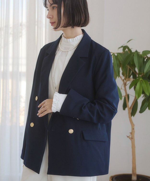 WEGO 【ANGIE VINTAGE/S/Mサイズ展開 / オケージョン対応 / セレモニー対応】ゴールドボタン テーラードジャケット / 金ボタン ダブル ブレザー ネイビー