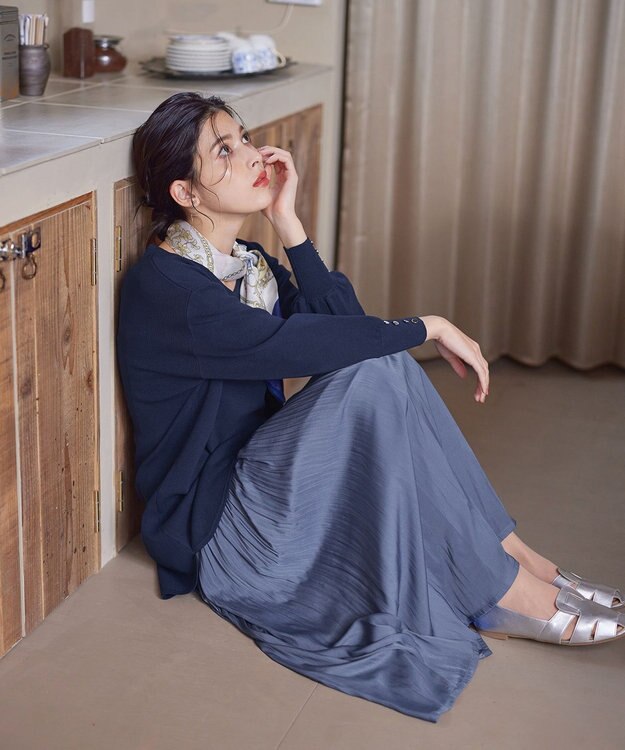 Tiaclasse 【洗える】Vネックラウンドヘムニットチュニック ネイビー