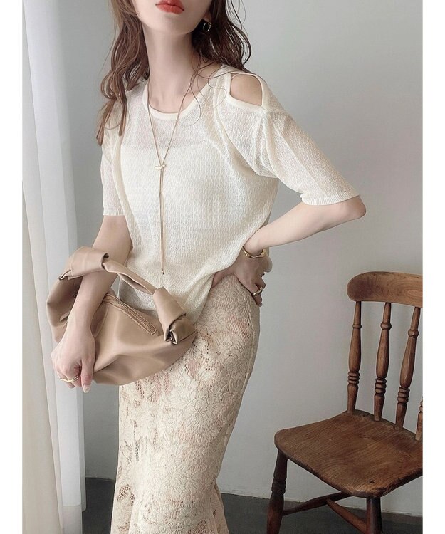 Green Parks 透かし編み肩あきニットプルオーバー Ivory