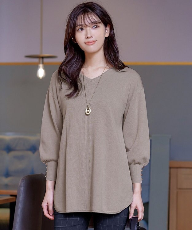 Tiaclasse 【洗える】Vネックラウンドヘムニットチュニック グレージュ