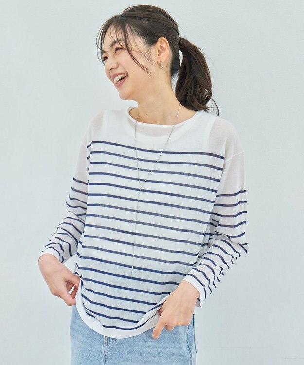 ANY L 【手洗い可/アンチピリング】シアーバスクボーダーニット ホワイト×ネイビー