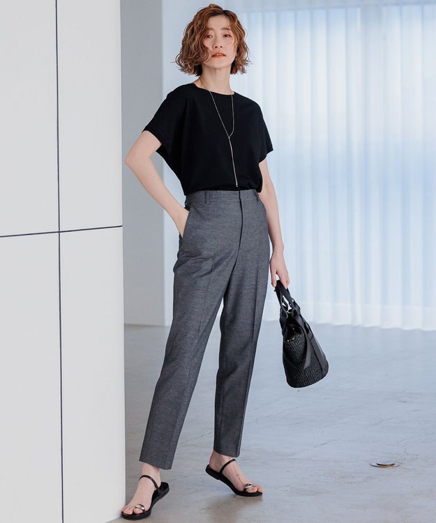 23区 【セットアップ対応/洗える】コットンリネン オックスストレッチ テーパード パンツ ブラックシャンブレー