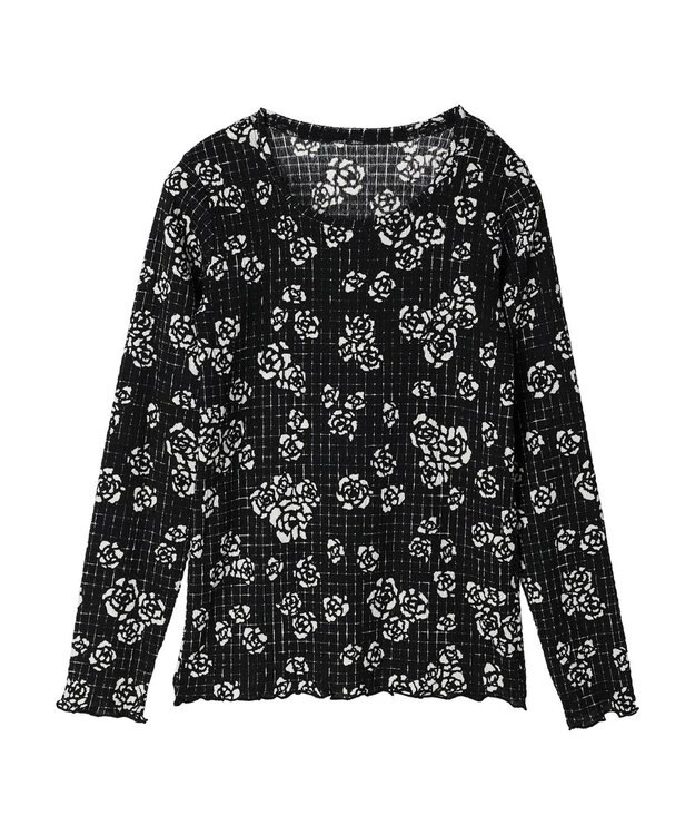 Green Parks ■ＥＳＣＡＲ　Ｕネッククレープカットプルオーバー Flower Black