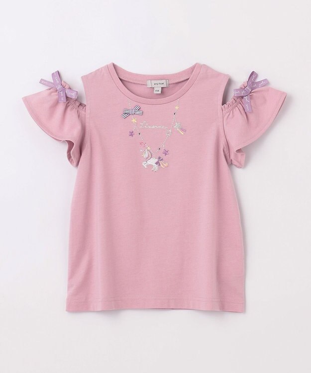 ANY KIDS 刺繍 オン・オフショルダー Tシャツ ピンク