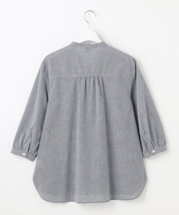 J.PRESS LADIES 【洗える】リネンminiチェック バンドカラー プルオーバー ブラウス ネイビー系