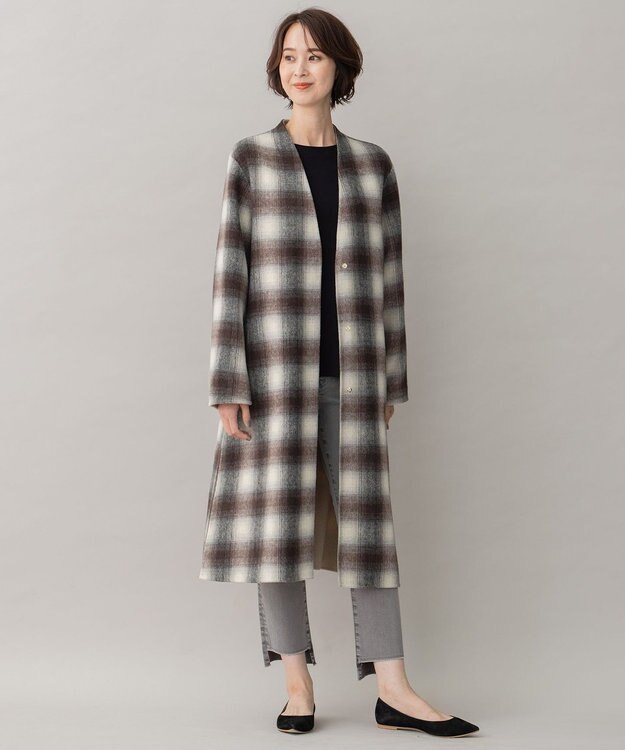 自由区 【リバーシブル】ウールリバー ノーカラーロングコート キャメル系