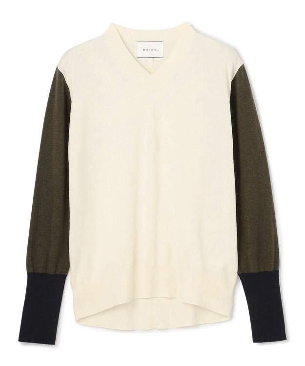 BEIGE， 【洗える】BURNET / カラーミックスVネックトップス Ecru×Khaki×Navy