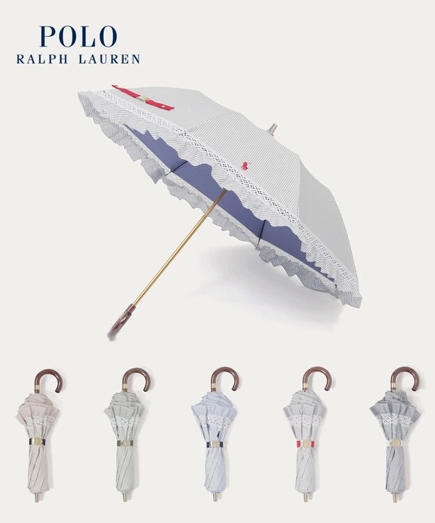 MOONBAT 【遮光/晴雨兼用日傘】POLO RALPH LAUREN(ポロ ラルフローレン) ストライプフリル 折りたたみ傘 楽折 遮熱 UV ネイビー（EC限定色）