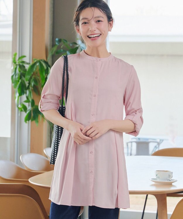 Tiaclasse L 【新色追加】バンドカラーシャツチュニックブラウス ピンク