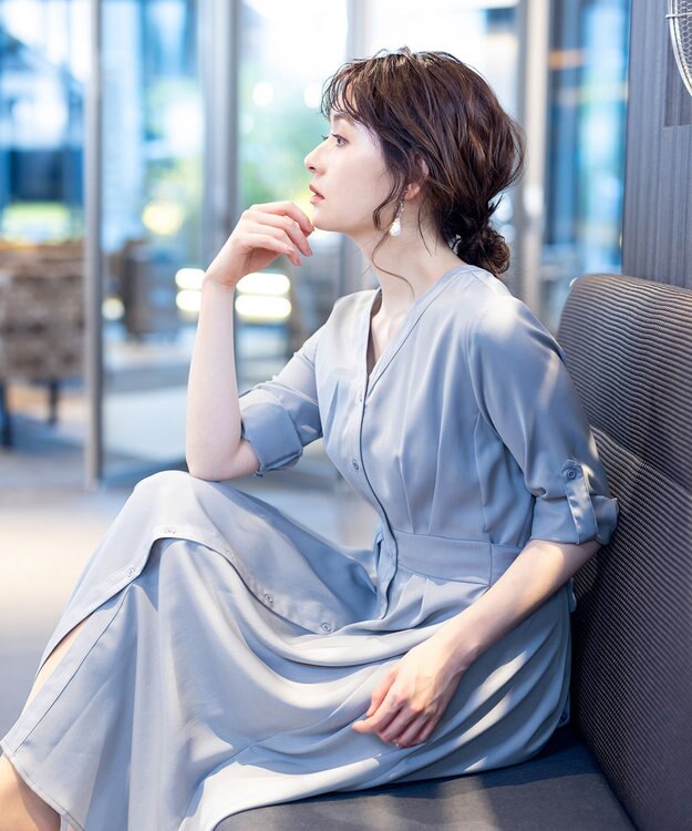 Tiaclasse 【新色追加・洗える】バックリボン前開きワンピース ブルー