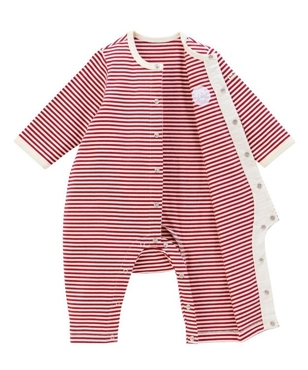 MIKI HOUSE HOT BISCUITS 【70-80cm】【Everyday Series】ワンポイント ボーダーカバーオール ワインレッド