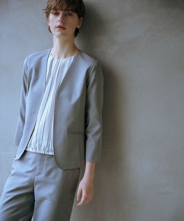 J.PRESS LADIES 【セットアップ対応・洗える・UVケア・吸水速乾】OXIJEWELストレッチ ノーカラー ジャケット グレー系