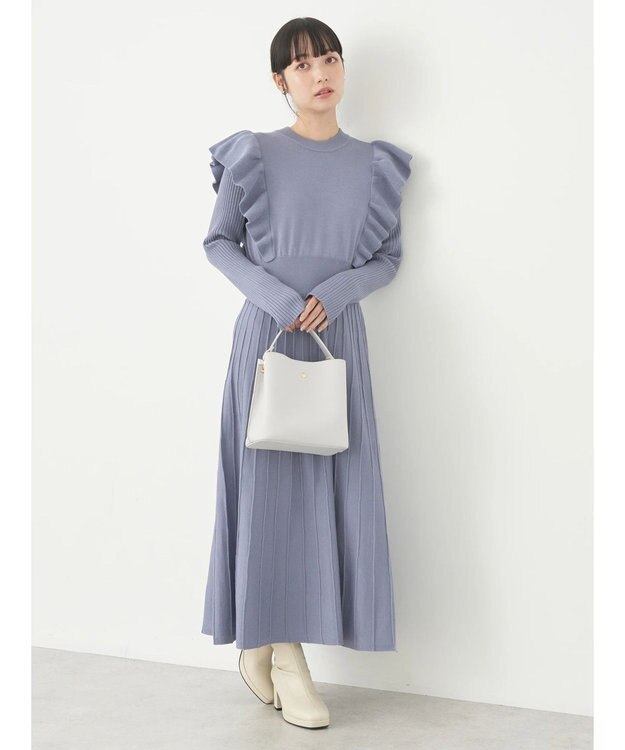 earth music&ecology ショルダーフリルニットワンピース Blue