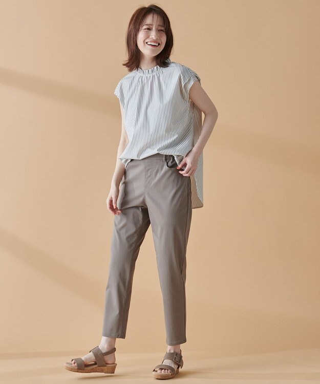 ANY 【UVカット/吸水速乾/抗菌防臭】エニィファンクション ノースリブラウス オフ×ブラウンストライプ