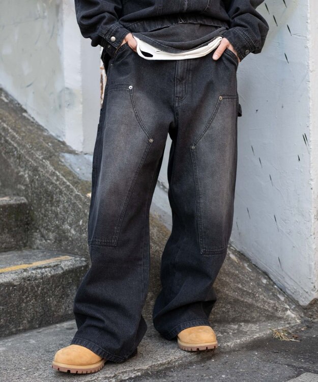 WEGO ワーカーズダブルニーデニムパンツ デニムブラックソノタ