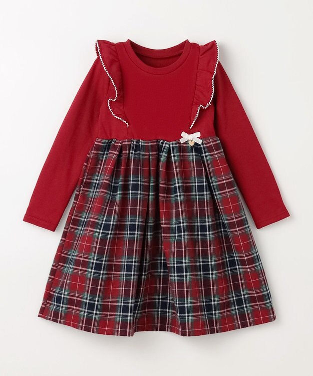 ANY KIDS チェック柄 ドッキング ワンピース レッド×チェック