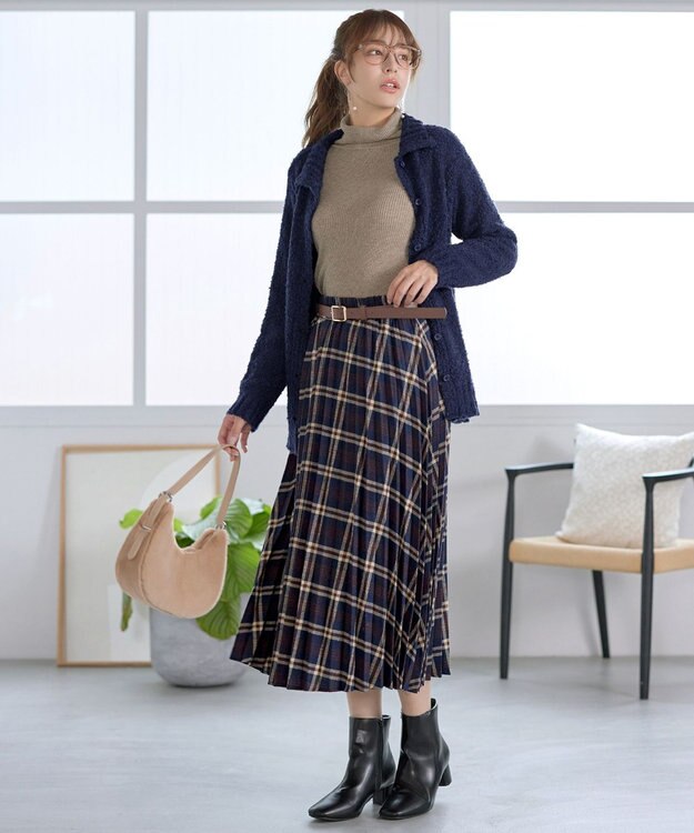 Tiaclasse 【着丈が選べる】ハイネックブークレカーディガン ロング丈ネイビー