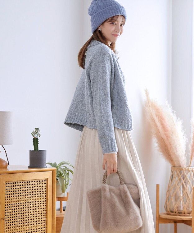 Tiaclasse 【着丈が選べる】ハイネックブークレカーディガン ショート丈ブルー