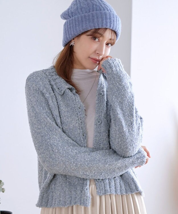 Tiaclasse 【着丈が選べる】ハイネックブークレカーディガン ショート丈ブルー