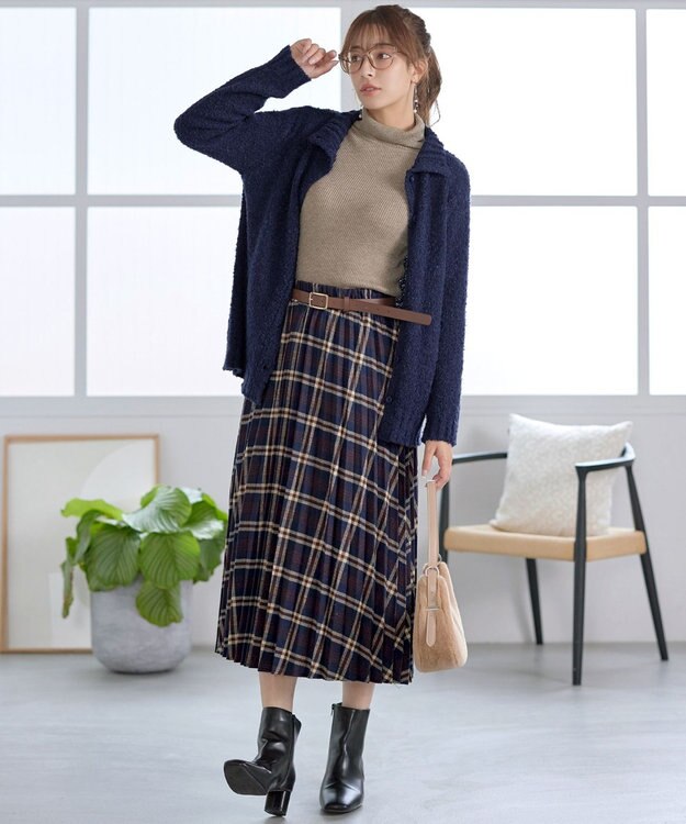 Tiaclasse 【着丈が選べる】ハイネックブークレカーディガン ロング丈ネイビー