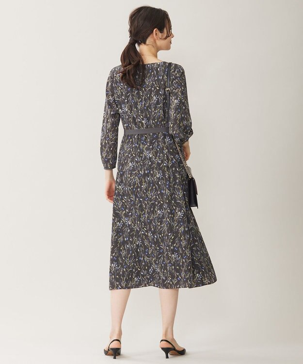 自由区 L 【洗える】ウォーターカラーフラワープリント ワンピース グレー系