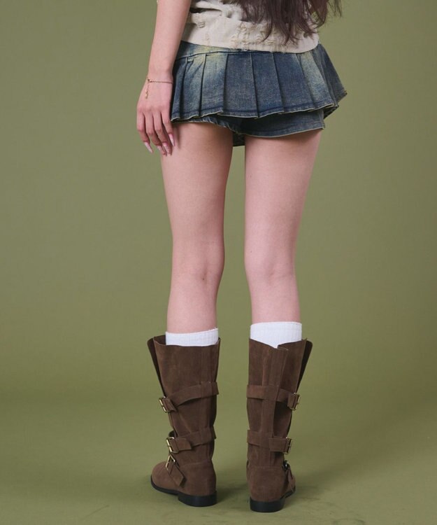 WEGO フリンジベルトプリーツデニムスカパン デニム