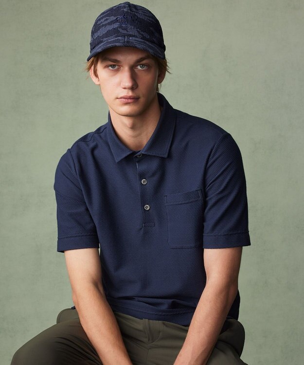 JOSEPH ABBOUD MOUNTAIN 【MADE IN JAPAN/吸水速乾】ダイヤモンドワッフル アウトドア ポロシャツ ネイビー系