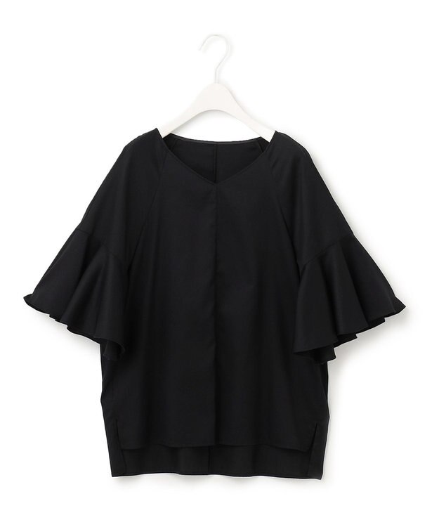 ICB 【洗える】コットンサテン　フレアスリーブブラウス ブラック系