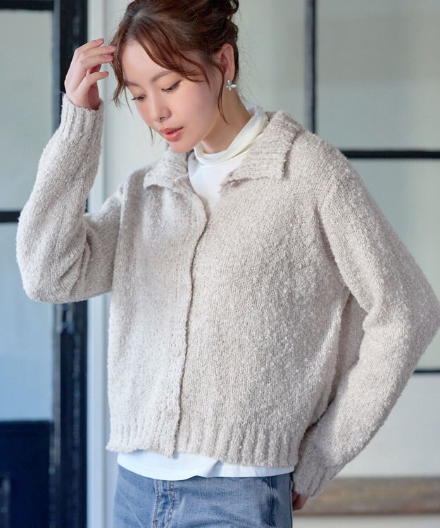 Tiaclasse 【着丈が選べる】ハイネックブークレカーディガン ショート丈グレージュ