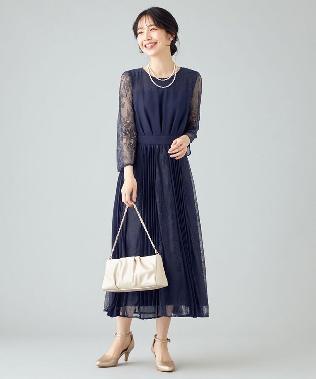 ANY SIS 【洗える】プリーツMIXレース ドレス ネイビー