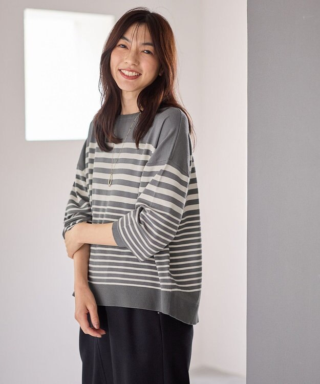 ANY 【洗濯機可】ボーダーニット グレー×オフ